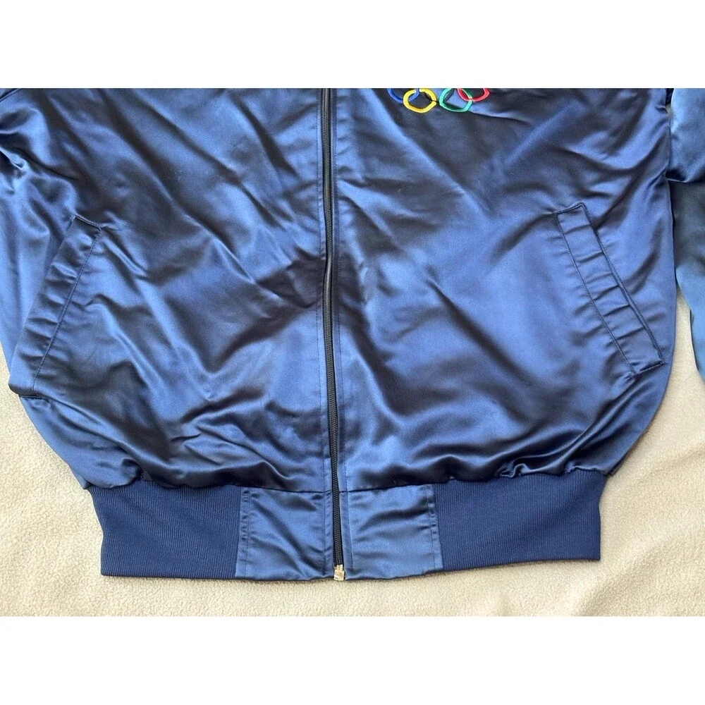 Vintage 1988 Seoul Korea Olympics Full Zip Blue Satin Bomber Jacket Size XL